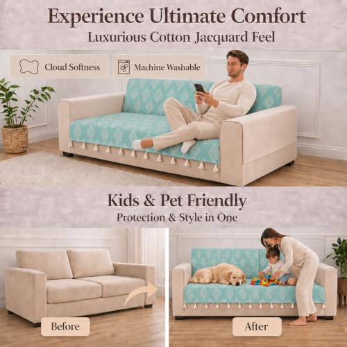 Image of STITCHNEST 'Verdant Rekhika Stories' 2 Seater Sofa Cover - Full Coverage| Elegant Jacquard Fabric, Decorative Tassels, Washable & Durable for Modern Living