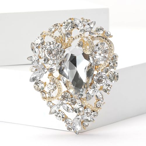 Image of Premium Rhinestone Brooch Pin for Women Big Large Crystal Oval Brooch Lapel Pin Sparkling Red /Purple /Green /Gold /Silver /Black /Blue Crystal Brooch Wedding Bride Bridesmaid Dress Jewelry for Her