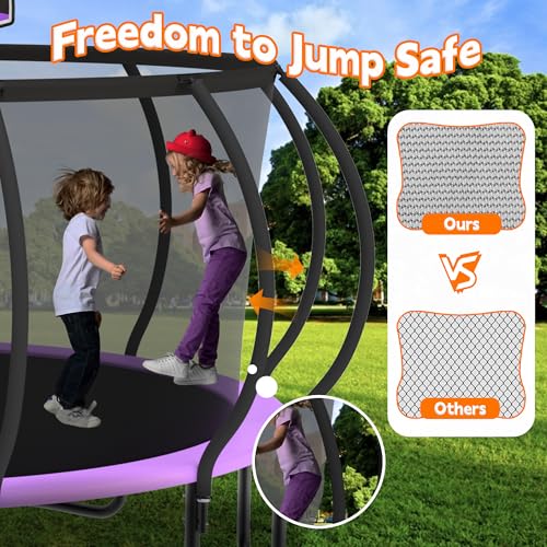DeepRoar Tranpoline 8/10/12/14/15/16FT Pumpkin Tranpoline for Kids, Heavy Duty Outdoor Tranpolines with Basketball Hoop, Safety Enclosure Net, Light, Sprinkler, Socks, ASTM Approved