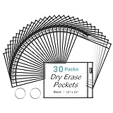 SUNEE 30 Packs Oversized Reusable Dry Erase Pocket Sleeves with 2 Rings, Black 10x14 Ticket Holders, Clear Plastic Sheet Protectors, Teacher School Classroom Supplies