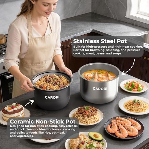 Image of Carori Dual Pot Electric Pressure Cooker, 9-in-1 Multi-Cooker 6 Qt with 2 Inner Pots (Stainless Steel & Nonstick), 12 Programs, Slow Cook, Rice Cook, Steamer, Black