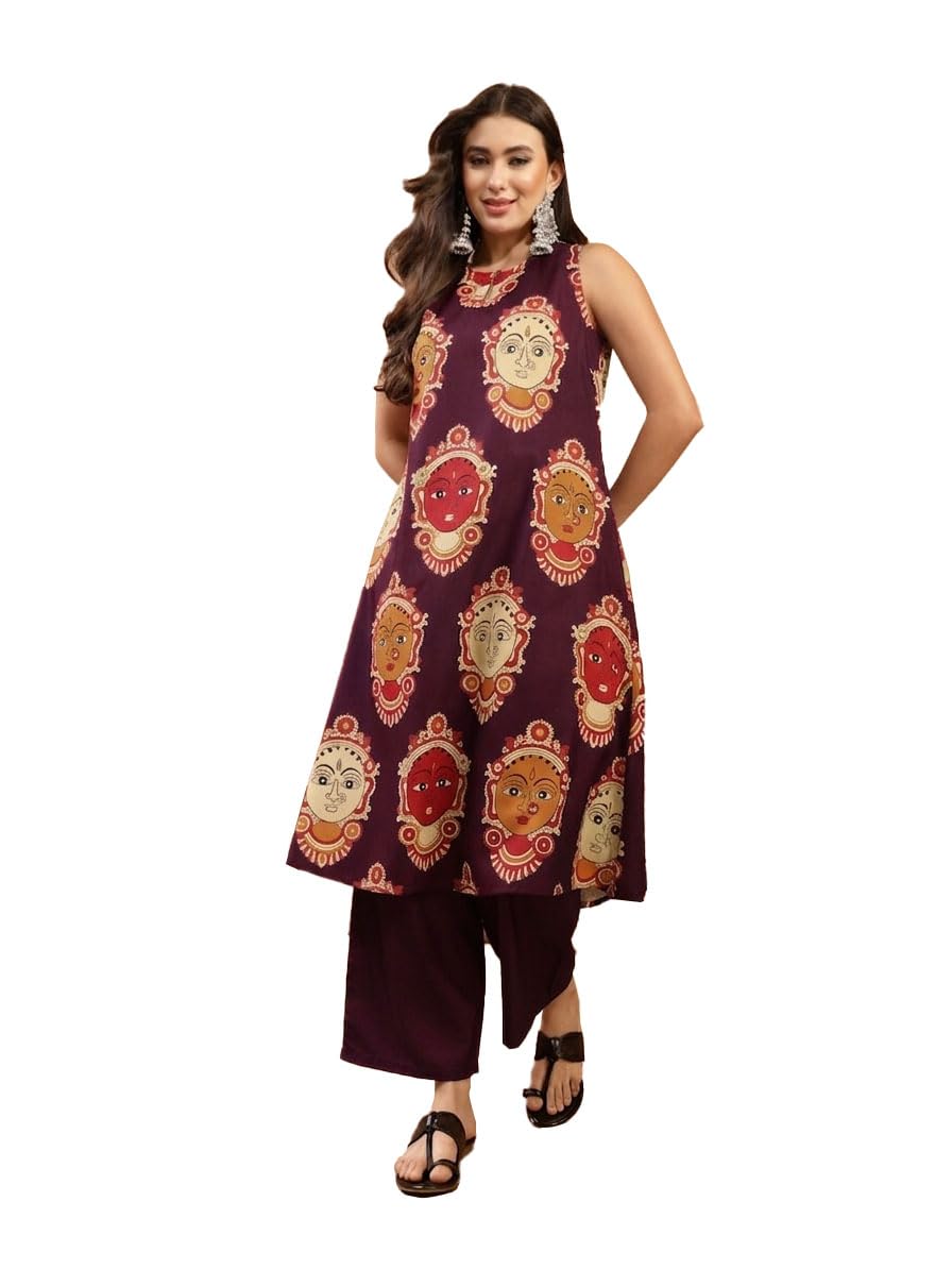 stylum Women's Kalamkari Face Printed Rayon A-Line Kurta Palazzo Set-picture-24