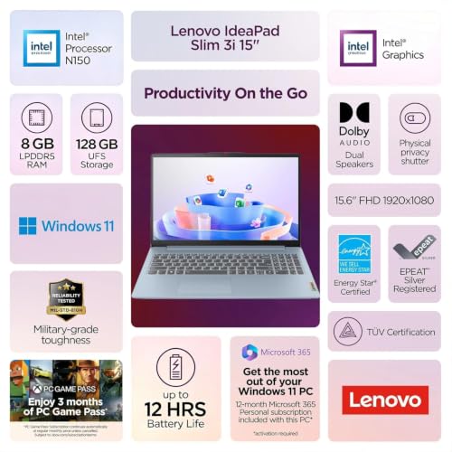 Image of Lenovo IdeaPad Slim 3i 15.6 inch FHD Laptop with 1-Year Microsoft 365 Included, Intel N150 Processor, 8GB DDR5 RAM, 128GB SSD, Wi-Fi 6, Windows 11, Everyday Student Laptop, Frost Blue