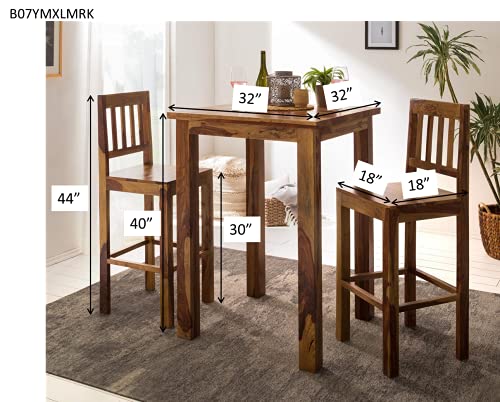 Image of G Fine Furniture Solid Sheesham Wood 2 Seater Bar Table & Chair Set | Wooden High Bar Dining Table with 2 Chairs for Kitchen, Cafe, Restaurant & Home Bar | Tall Dining Furniture (Light Brown)