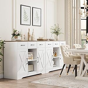 HOSTACK Modern Farmhouse Buffet Cabinet with Storage Barn Doors Sideboard Buffet Storage Cabinet with Drawers and Shelves Wood Coffee Bar Cabinet for Kitchen Dining Room Living Room White