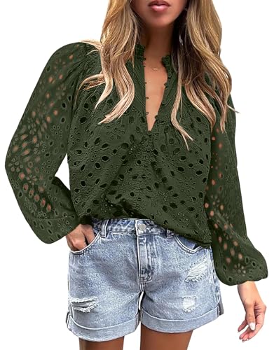 BETTE BOUTIK Women's Long Short Sleeve Tops 2025 Dressy Casual Button Hollow Out Lace Embroidered Blouses Shirts