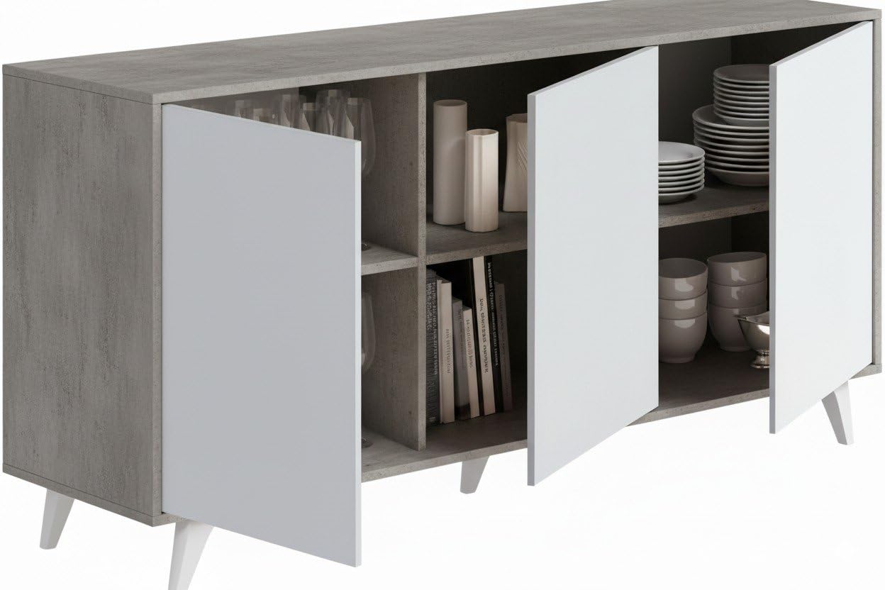 Dmora - Credenza Weddell, Buffet da Soggiorno, Madia da Salotto, Dispensa da Cucina, 154x40h72 cm, Grigio Chiaro e Bianco