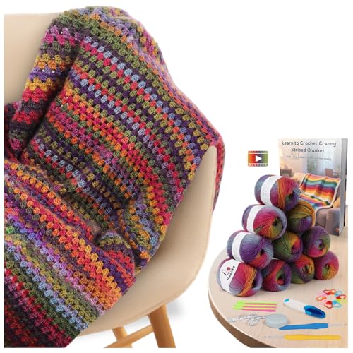 Image of Aeelike Blanket Crochet Kit for Beginners, Ombre Rainbow Blanket, Complete Starter Crochet Kit w Enough & Warm Wool Yarn, Videos Tutorials, Easy Knitting Kits for Adults