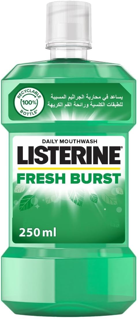 Listerine Fresh Burst Mouthwash 250ml - Powerful Bad Breath Control and 3X Deeper Clean Than Brushing Alone for Long-Lasting Freshness and Oral Hygiene