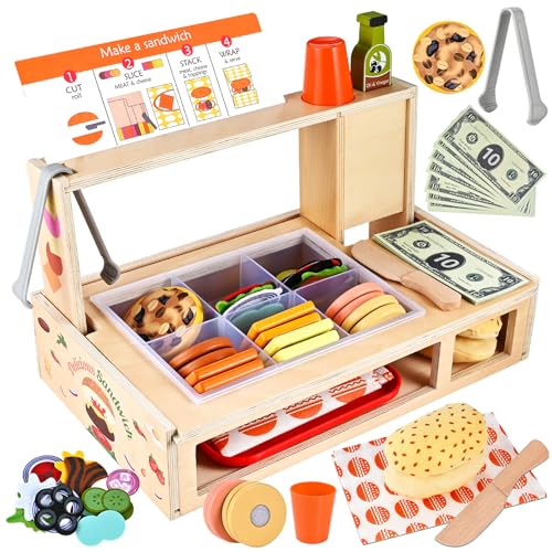 Wooderma Wooden Toys for 3 4 5 6 7 Year Old Girls Boys, Sandwich Burger Counter 50 Pcs, Wooden Play Food Sets for Children Kitchen Accessories, Kids Toys, Gift for 3 4 5 6 7 Year Old Girl Boy