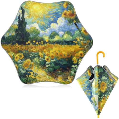 WELLDAY Sunflower Garden Van Gogh Kids Umbrella, Compact Lightweight Umbrellas for Kid, Easy Grip Handle, Windproof Travel Umbrella