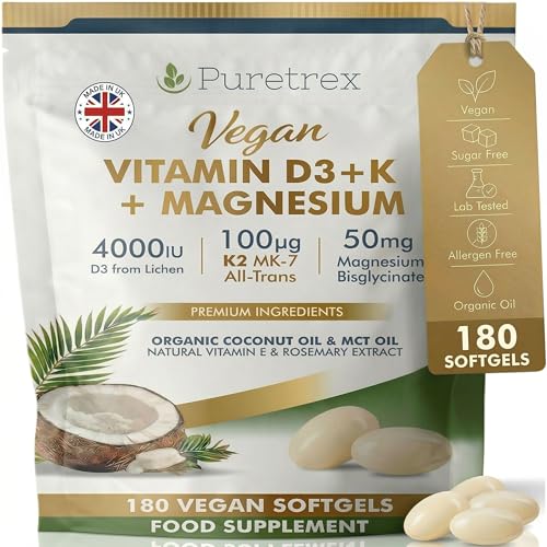 Puretrex Vegan Vitamin D3 K2 Magnesium 180 Softgels Made in UK 4000IU Vitamin D (Lichen) with K2 MK7 100g and Magnesium Bisglycinate Immune Bone Support Coconut MCT High Absorption Formula