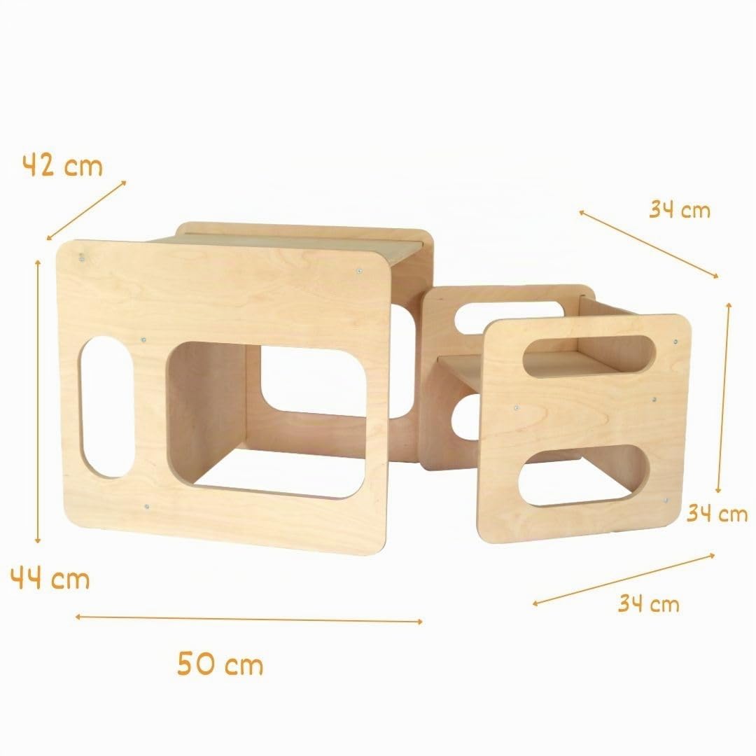 Tavolino Sedia Montessori Salvaspazio in Legno Betulla per Bambini, Giochi Educativi Montessoriani Studio Cameretta Banco Scuola