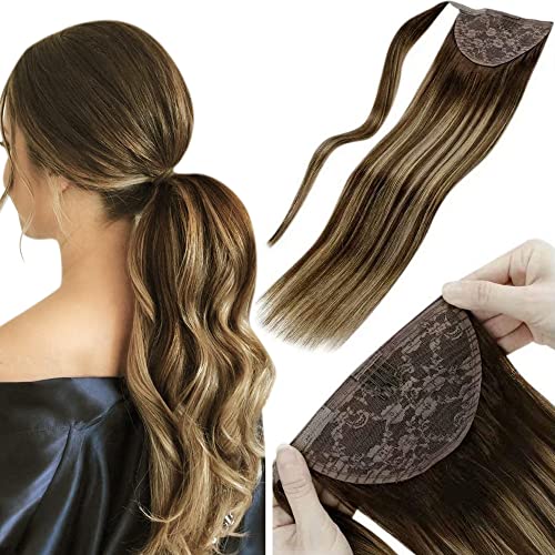 【Clearance】LaaVoo Ponytail Human Hair Extensions Brown Fading to Blonde Mixed Caramel Brown Balayage Real Hair Ponytail Extensions Wrap Around Clip in Pony Tail Hair Piece 12inch 70g