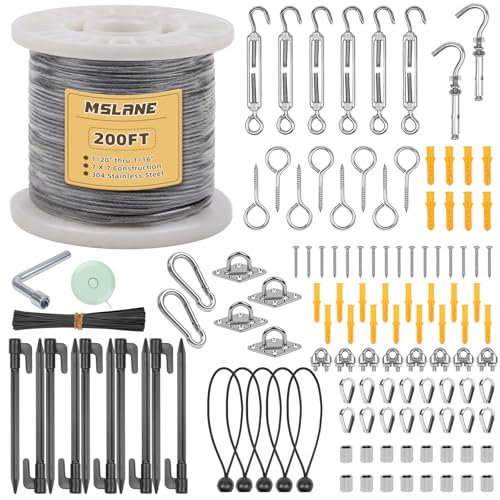 1/16" Wire Rope Kit 200FT Aircraft Cable Vinyl Coated 304 Stainless Steel Wire,7x7 Strand Cable Kit for Outdoor String Lights,Climbing Plants,Pictures,Clothes,Curtain Hanging