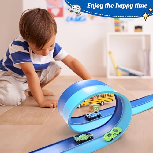 Image of Flexible Race Car Track 15 Ft Starter Set with Suction Cups Compatible with Diecast 1 /64th Car for Ages 3 & Up Classic Long Rolls Up Portable Racetrack
