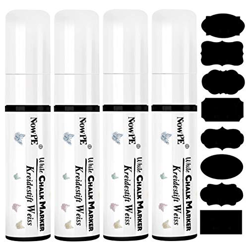 Rotulador Tiza Liquida Blanca, NowPE 4 Pcs 15mm Rotuladores de Líquida Blanco + 16 Pizarra Reutilizable Etiquetas, Tizas Punta Grande 15mm, Borrado con Seco y Húmedo para Cristal, Ventana & Pizarra