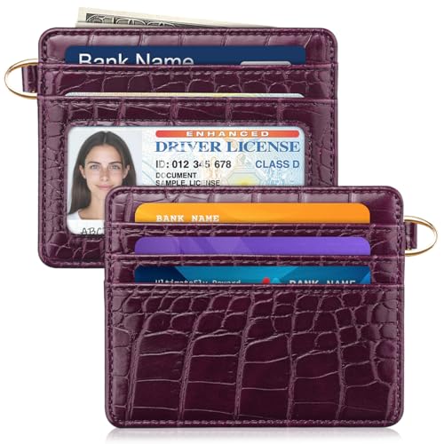 Image of Slim Credit Card Holder Crocodile Wallet Women Thin Wallets | Alligator Print RFID Blocking Minimalist Lightweight Pocket Small Cute Cards Holders ID Window, Plum Croc