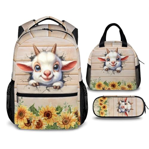 Kids Backpack, Cute Goat Backpacks, Preschool Elementary Kindergarten School Bag for Boys Girls 3-8, Set of 3 17 Inch Casual Bookbags for School Travel Camping