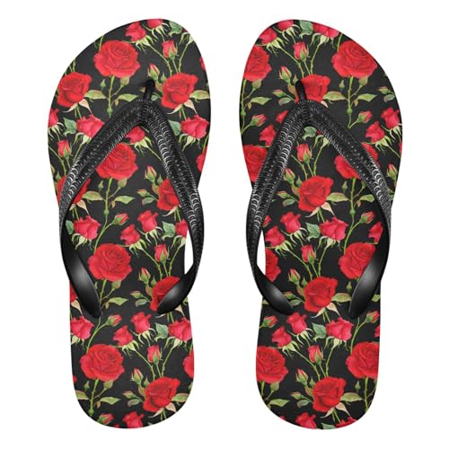 Maple Leaf Sketch Orange Rose Branch Flower Black Flip Flops for Beach Thong Sandals Anti-slip Lightweight Shower Shoes for Indoor Outdoor House