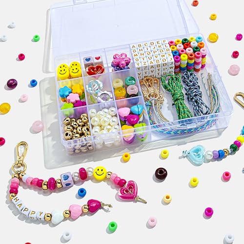 MYCUTEY 421Pcs DIY Keychain Making Kit - Beaded Keychain & Bag Charm Craft Supplies with Colorful Beads Cords and Acrylic Heart Flower Charms Personalized Alphabet A-Z Name Making Kit Gifts