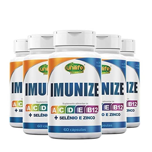Kit 5 Imunize Vitaminas A, C, D, E, B12 + Selênio e zinco Unilife 60 cápsulas