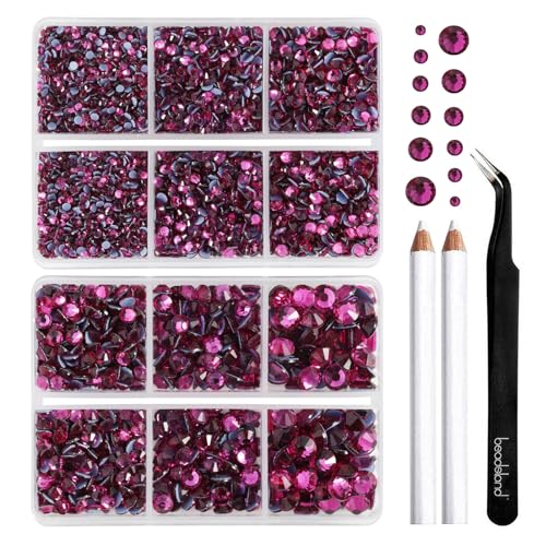 Image of BEADSLAND Hotfix Rhinestones, 6080PCS Hot Pink Rhinestones for Clothes Crafts Mixed 6 Sizes with Wax Pencil and Tweezers Kit, SS6-SS30, Fuchsia