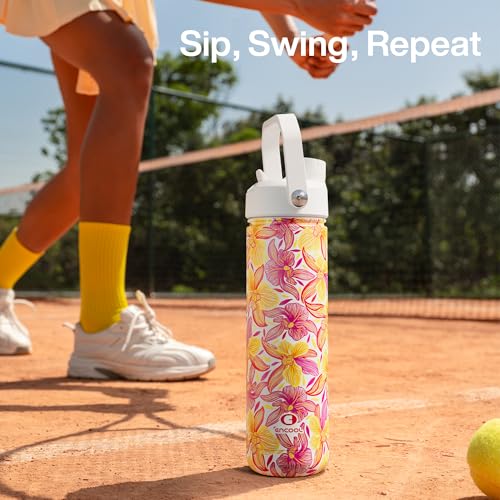 Image of ENCOOL Insulated Water Bottle with Straw Stainless Steel Water Bottle, Leak-Proof, BPA-Free, Double Wall Vacuum Keeps Cold for 24 Hours for Sports, Travel, School (26 oz, Tropical Floral)