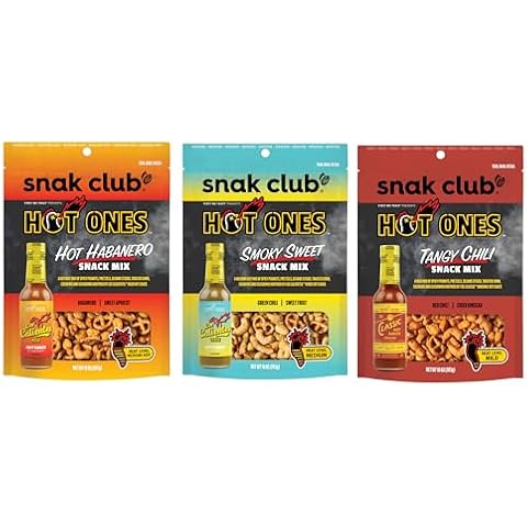 Snak Club x Hot Ones Snack Mix, Hot Habanero, Sweet Smoky, and Tangy Chili, Spicy Snacks with Peanuts, Pretzels, Sesame Sticks, Toasted Corn, Cashews, Vegan Snack, 10 oz Resealable Bags, 3 Pack Cover