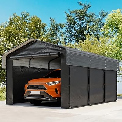 10x15FT Heavy Duty Metal Carport, Outdoor Carport Canopy with Galvanized Steel Roof and Reinforced Base,Removable Sidewalls & Door, Garage Shelter Shade for Cars,Trucks, Boats, Gray