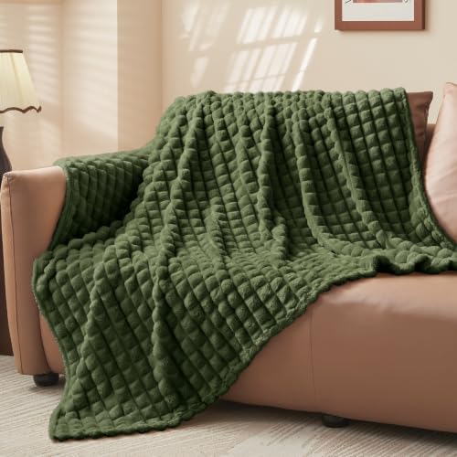 Image of BEDELITE 3D Checked Olive Green Throw Blanket for Couch, 50x60 Inches