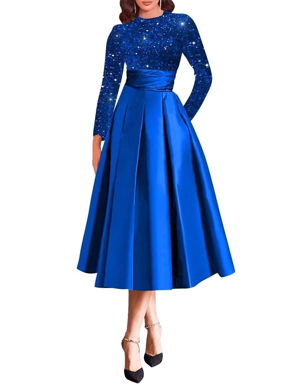 Sparkly Sequin Wedding Gown Long Sleeve Tea Length A Line Formal Dress Mother of The Bride Dresses for Women