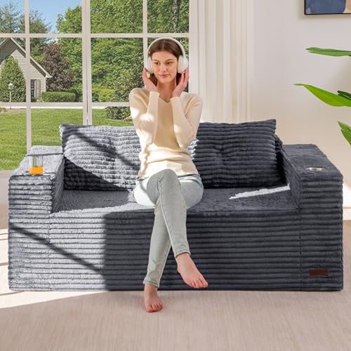 Image of MAXYOYO 63 inch Boneless Loveseat Sofa Couch for Small Spaces, Mini Love Seat Floor Couch with Cup Holders and Pillows, 2-Seater Upholstered Cloud Couch for Bedroom Apartment, No Assembly Required