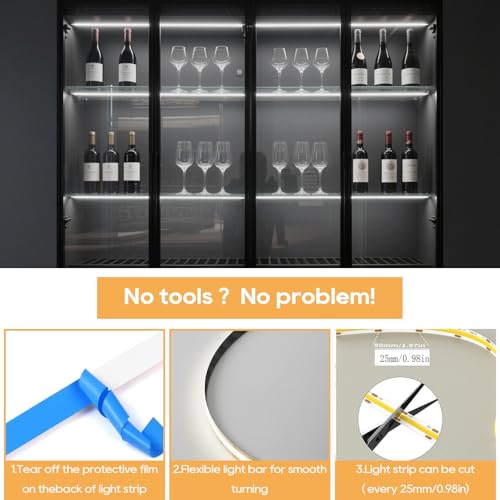 Image of COB LED Strip Lights, 12V Cabinet Light 6x6.56FT, 6500K Cuttable DIY LED Strip with Hide Touch and Hand Sweep Dimmer Switch Kit for Cabinet Showcase Kitchen Acoustic Panel Decoration Shelf Lighting