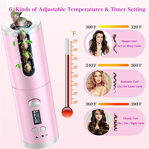 Cordless Auto Hair Curler, Automatic Curling Iron with 6 Temperatures & Timer Settings & Auto Shut-Off Portable Rechargeable Anti-Tangle Hair Curling Iron Wand for Hair Styling Anytime Anywhere (pink)