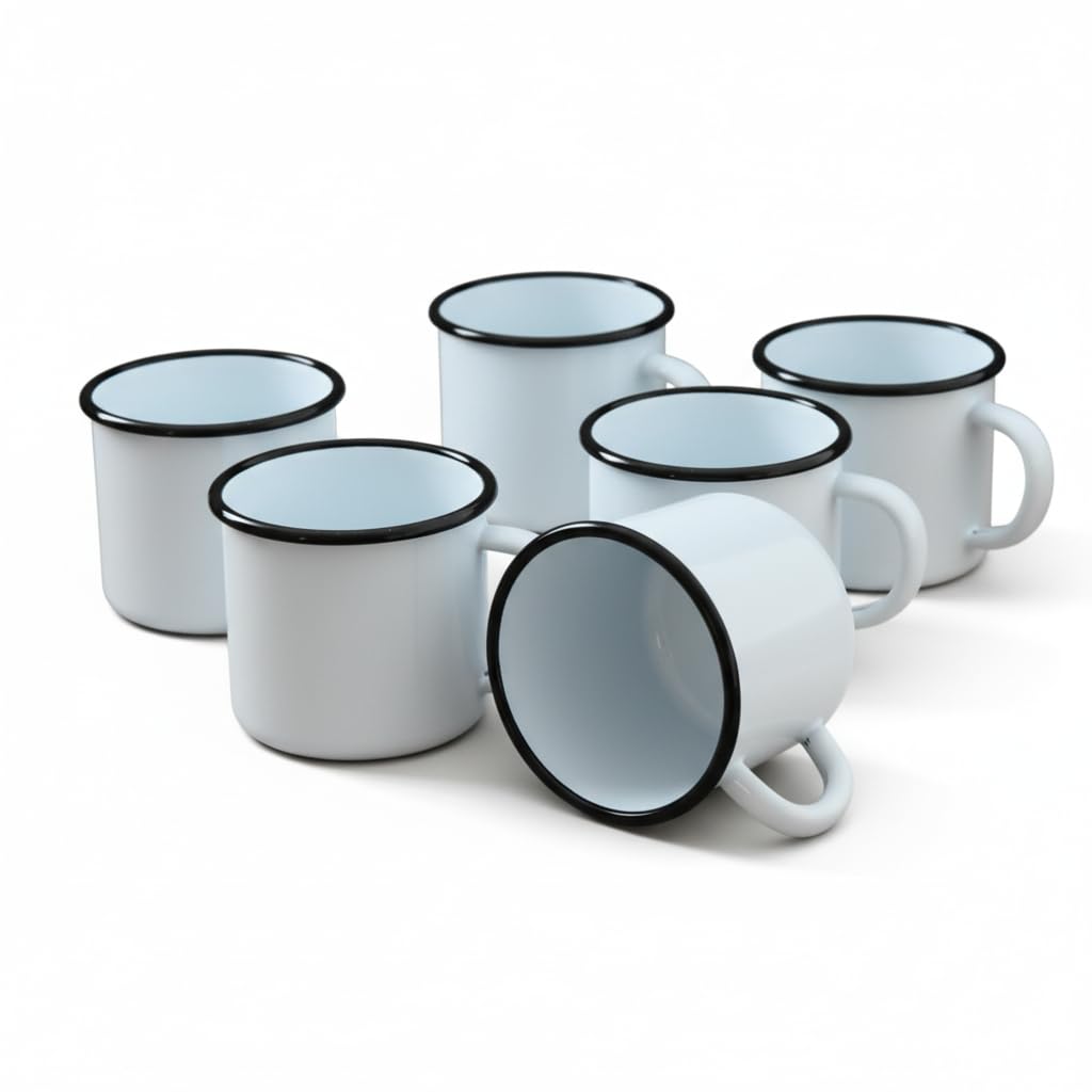 6 Tazas de Metal esmaltado - 250 ml - Blancas