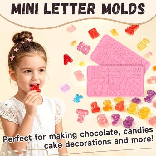 Image of 2PCS Silicone Molds for Chocolate,Number Letter Molds,Reusable Candy Molds with Happy Birthday Decorating Symbols,Mini Size Alphabet Decorating for Birthday Cake Lollipop Fondant Chocolate