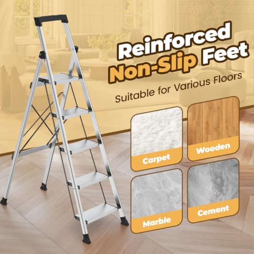 HBTower 5 Step Ladder, Lightweight Aluminum Folding Step Stool - Image 5