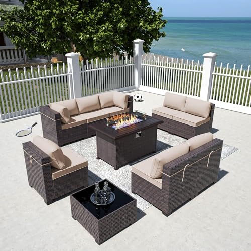 Image of 10 Pieces Outdoor Patio Furniture Set,Outdoor Sectional Furniture with 43 inch 55000 BTU Gas Propane Fire Pit Table,All Weather PE Rattan Wicker Patio Conversation Set,Sand