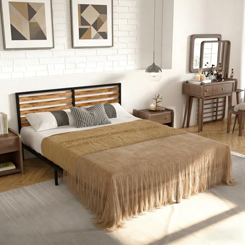 La Mejor Selección de Bases de Cama de Madera los preferidos por los clientes. 50 OLALITA - Marco de cama matrimonial, cabecera de madera clásico, base de plataforma de metal, soporte de listones de acero, no requiere colchón de resorte