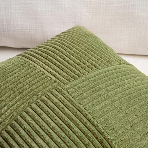 Image of Fancy Homi 2 Packs Moss Green Samll Decorative Throw Pillow Covers 12x12 Inch with for Couch Bed Sofa, Rustic Farmhouse Boho Home Decor, Soft Corss Patchwork Corduroy Square Cushion Case 30x30 cm
