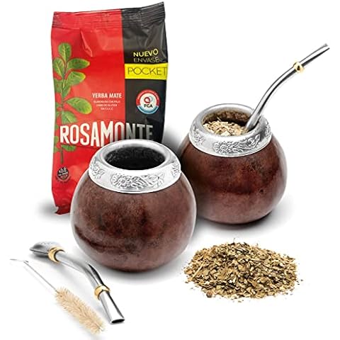 BALIBETOV Set of Two Yerba Mate Gourd and One Pack of 100gr - 3.5OZ of Yerba Mate - Yerba Mate Cup Argentina - 2 Mate Tea Cup, 2 Bombilla, 1 Cleaning Brush, 1 Loose Leaf Yerba Mate bag (DARK BROWN) Cover