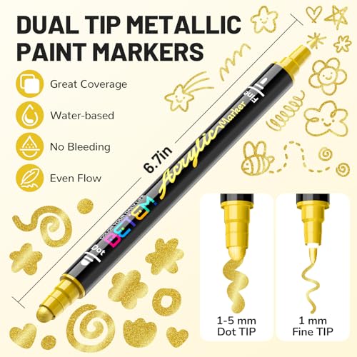 Image of Betem 30 Metallic Dual Tip Acrylic Paint Markers, Fabric Decorating Kits Premium Water-Based Acrylic Paint Pens Art Supplies for Fabric, Rock, Wood, Glass, Canvas, Ceramic, Teacher Appreciation Gift