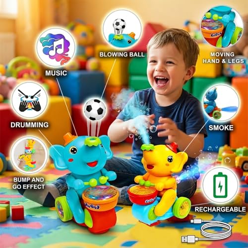 Image of Gooyo USB Rechargeable Drummer & Dancing Cute Elephant Toy for Kids with Smoke Effect, Blowing Ball Fun Feature, Flashing LED Lights & Music, Bump & Go Action, Gift Box Packaging