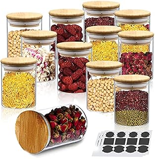 12Pcs Glass Storage Jars, 250ML Glass Sealed Jar with Bamboo Airtight Lids and Rewritable Labels, Glass Storage Tanks for Spice, Sugar, Tea, Coffee Beans, Snack Nuts, Herbs, Grains