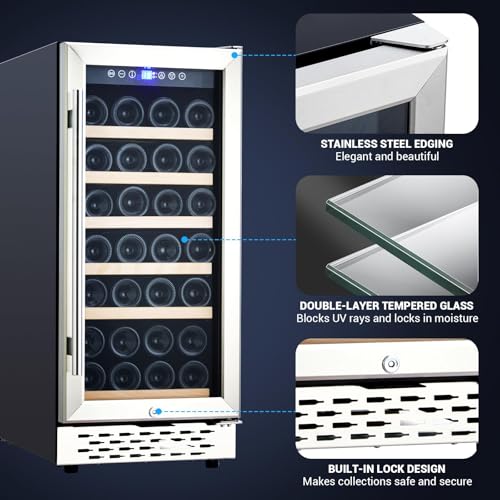 Image of 15 Inch Wine Cooler - Compressor Refrigerator with Lock, 28 Bottle Freestanding Wine Cellar, Dual Zone with Digital Temperature Control, Glass Door, and Beverage Cooler.