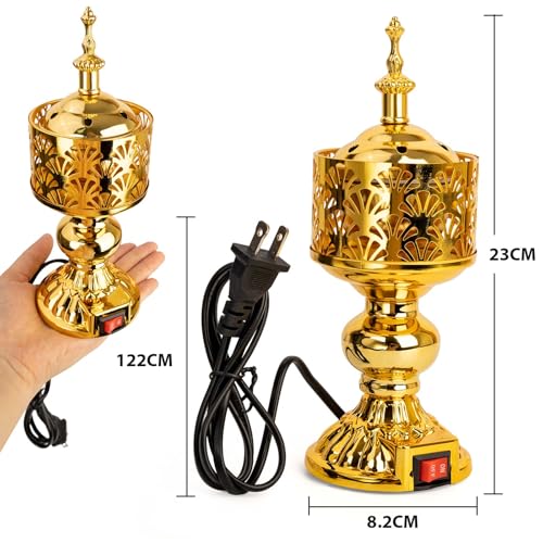 Xisakaca Golden Electric Incense Burner, Arabian Style Electric Incense Holder, Middle Eastern Tabletop Decorative Censer for Yoga Spa Home Office Christian Church Decor, US Plug by Xisakaca - Image 6