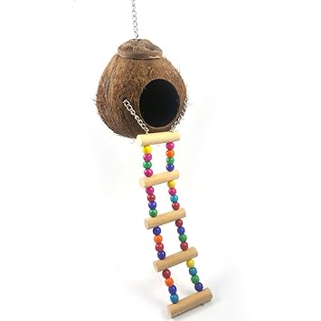 lwingflyer 1pcs Natural Coconut Hideaway with Ladder Bird House Climbing Toy