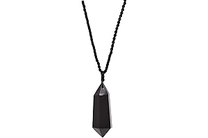 Joseph Brothers Black Onyx Obsidian Stone Double Points Crystal Pendant Necklace, Adjustable Rope