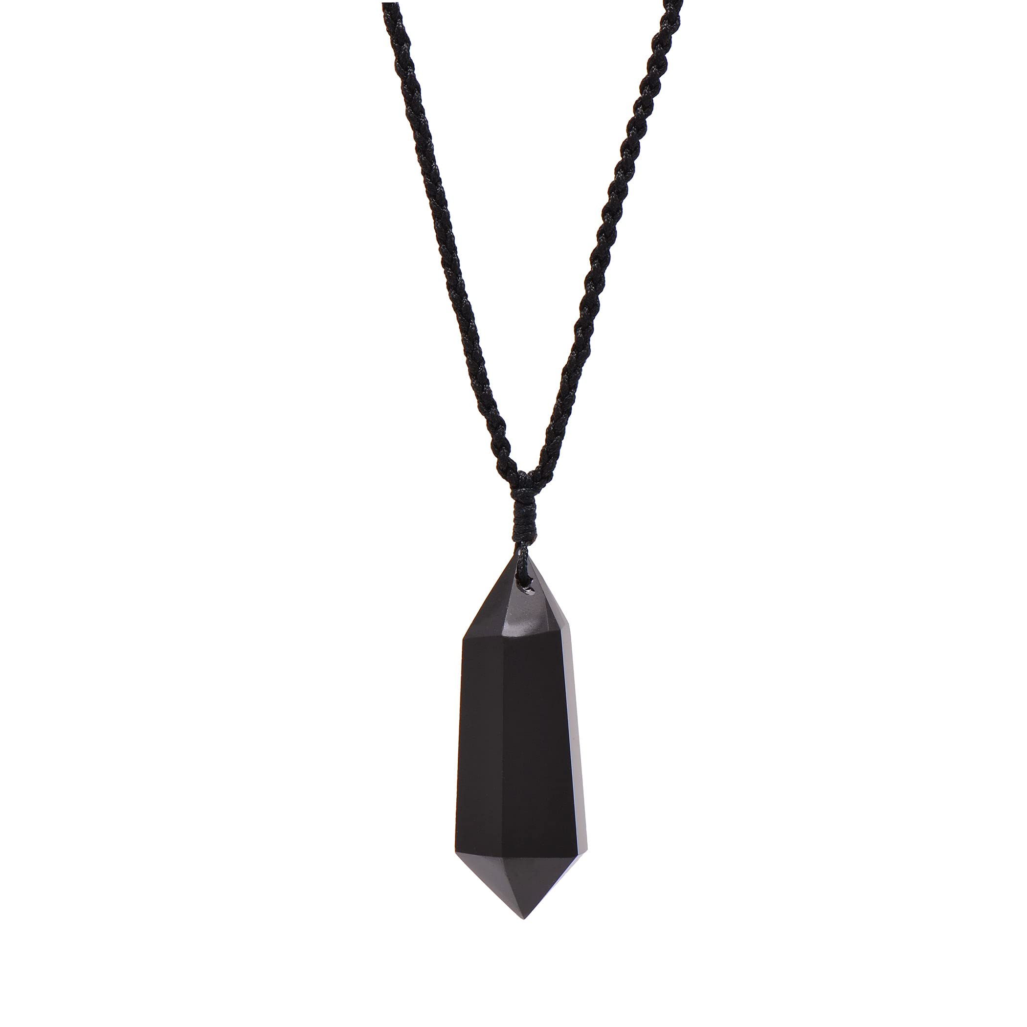 Joseph Brothers Black Onyx Obsidian Stone Double Points Crystal Pendant Necklace, Adjustable Rope